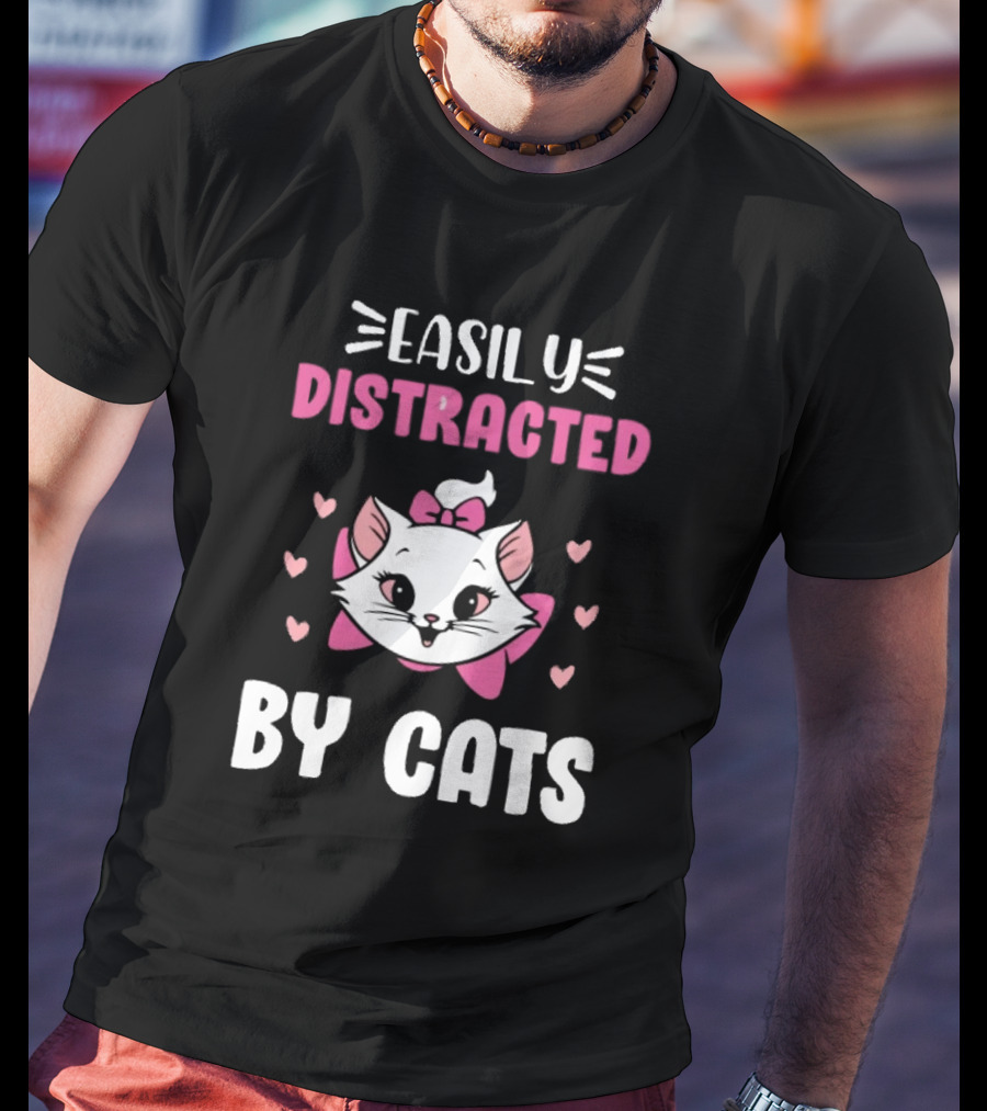 Easily Distracted By Cats Cute Kitten With Pink Bow And Hearts T-Shirt