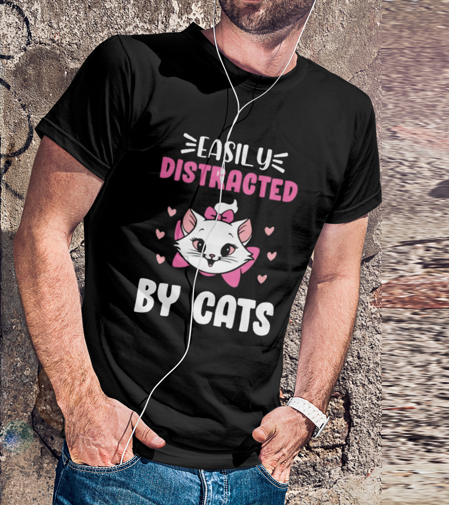 Easily Distracted By Cats Cute Kitten With Pink Bow And Hearts T-Shirt