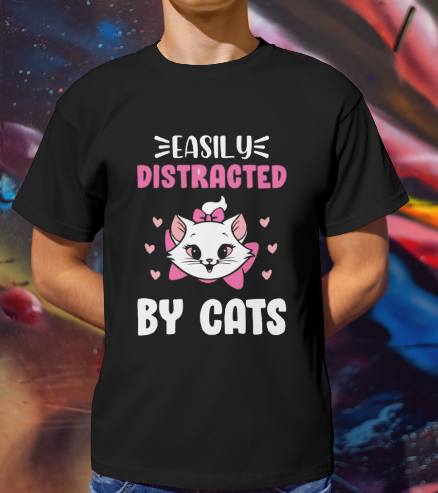 Easily Distracted By Cats Cute Kitten With Pink Bow And Hearts T-Shirt