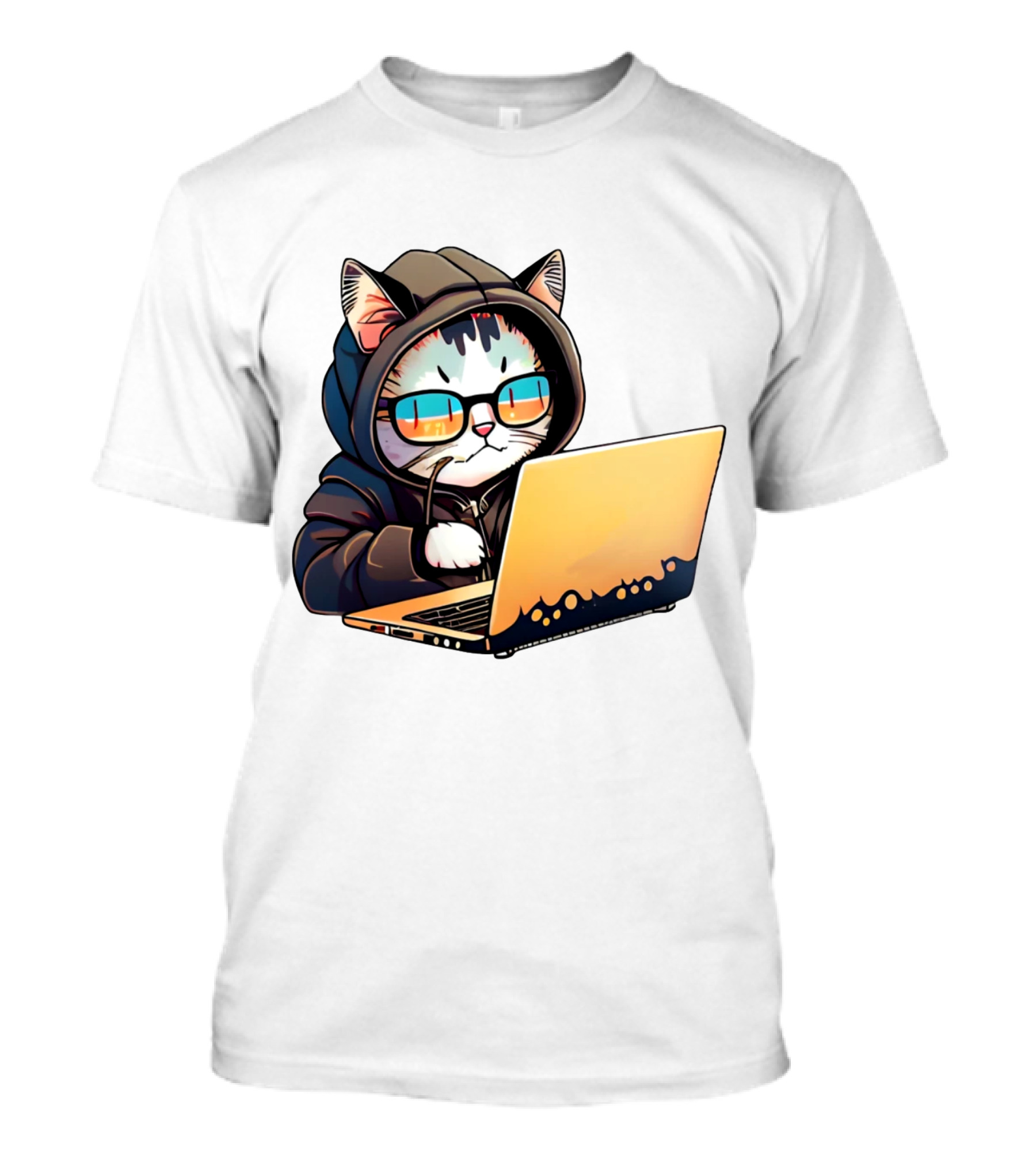 Hacker Cat In Hoodie With Laptop And Glasses T-Shirt