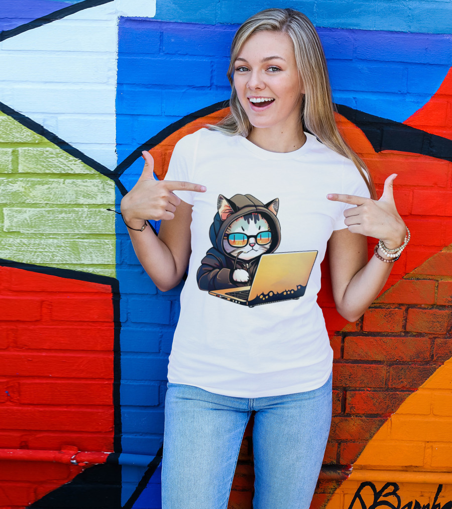 Hacker Cat In Hoodie With Laptop And Glasses T-Shirt