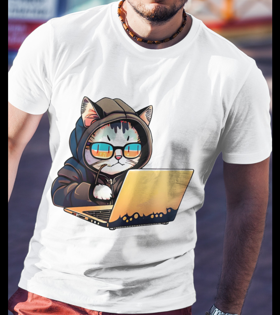 Hacker Cat In Hoodie With Laptop And Glasses T-Shirt