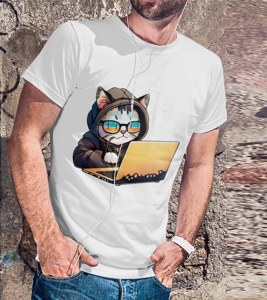 Hacker Cat In Hoodie With Laptop And Glasses T-Shirt
