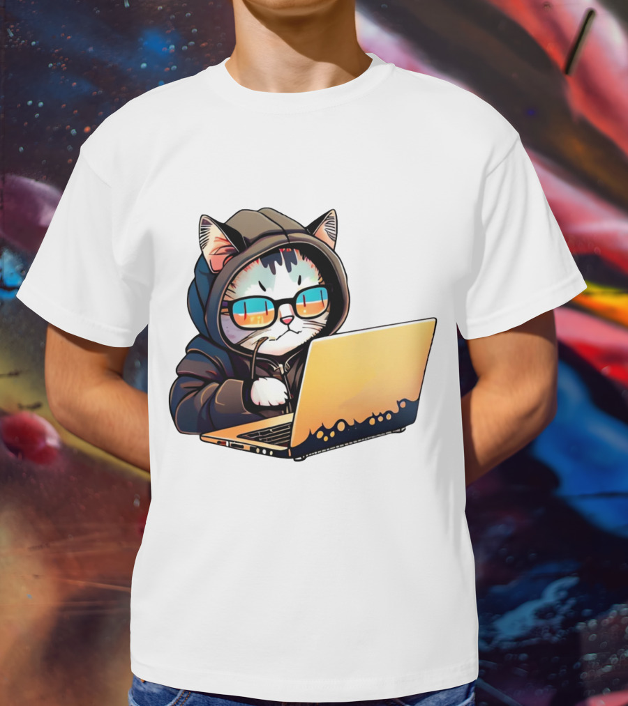 Hacker Cat In Hoodie With Laptop And Glasses T-Shirt
