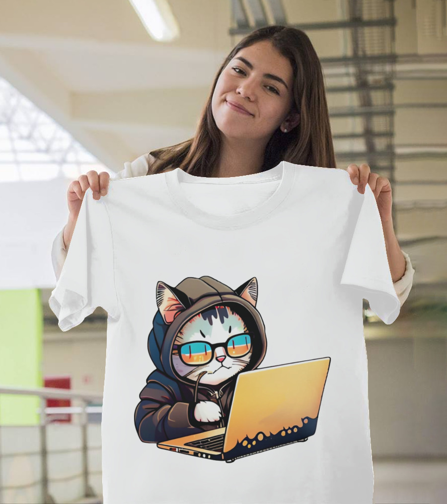 Hacker Cat In Hoodie With Laptop And Glasses T-Shirt