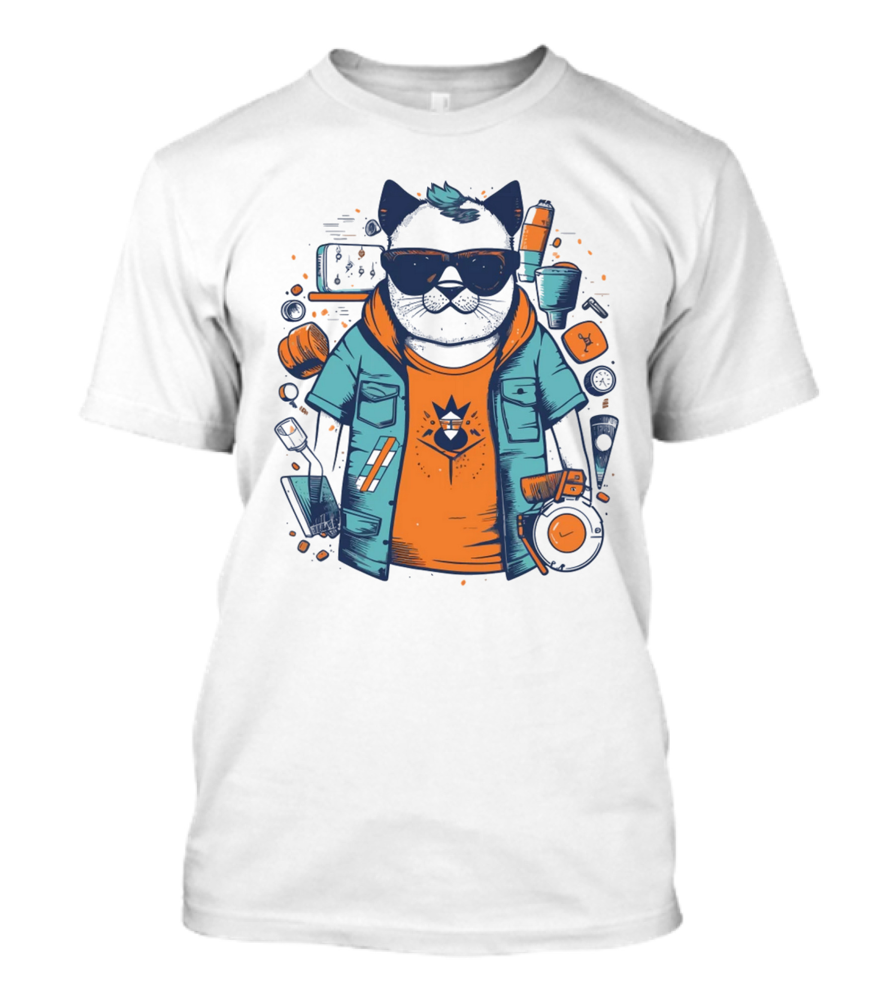 Hipster Cat In Sunglasses With Headphones And Jacket T-Shirt