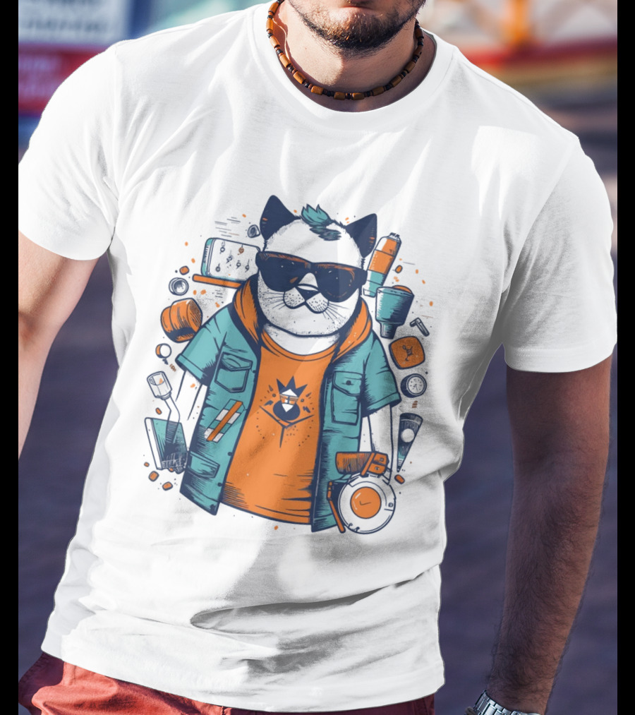Hipster Cat In Sunglasses With Headphones And Jacket T-Shirt