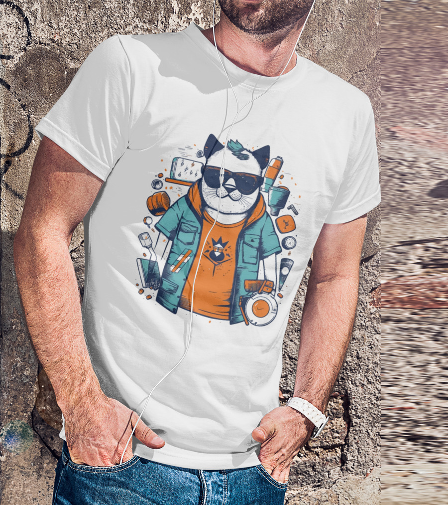 Hipster Cat In Sunglasses With Headphones And Jacket T-Shirt