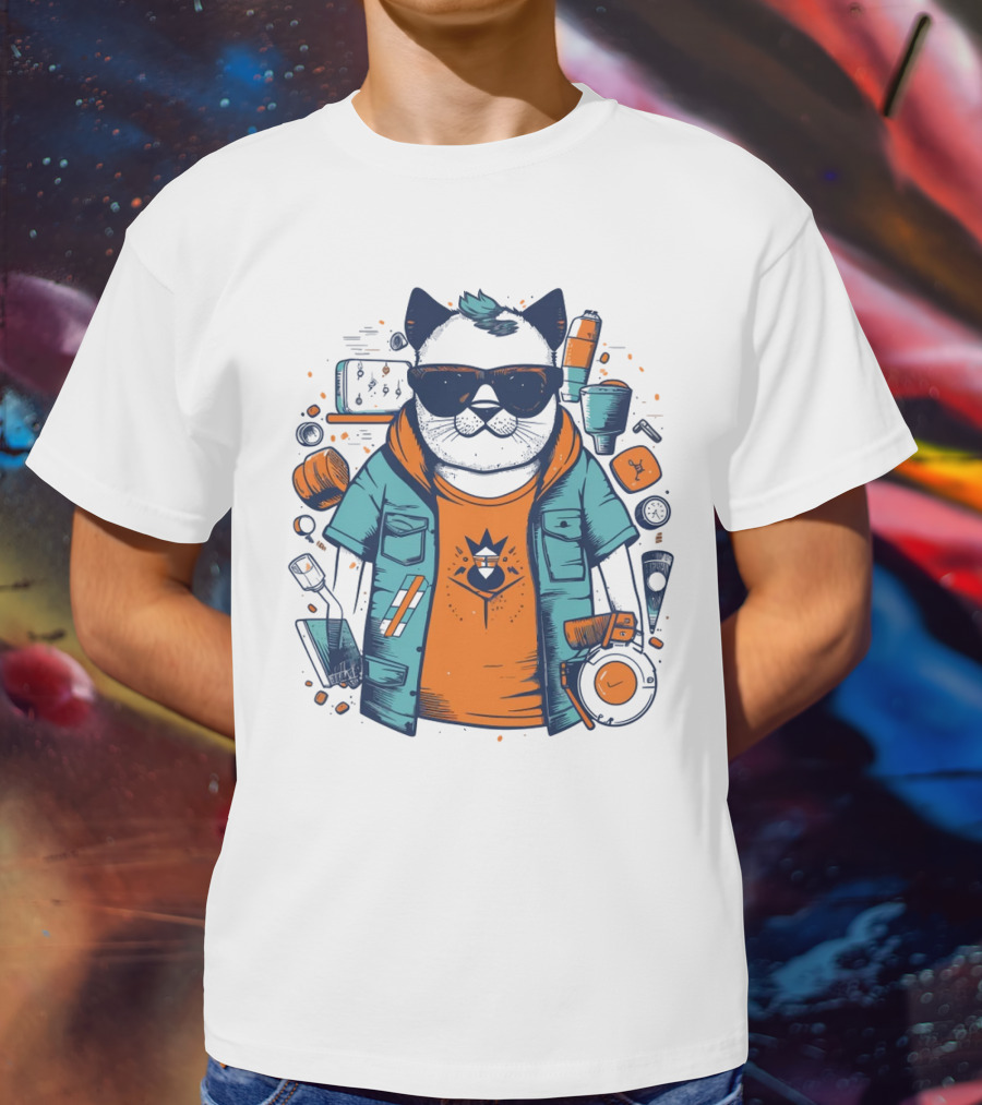 Hipster Cat In Sunglasses With Headphones And Jacket T-Shirt