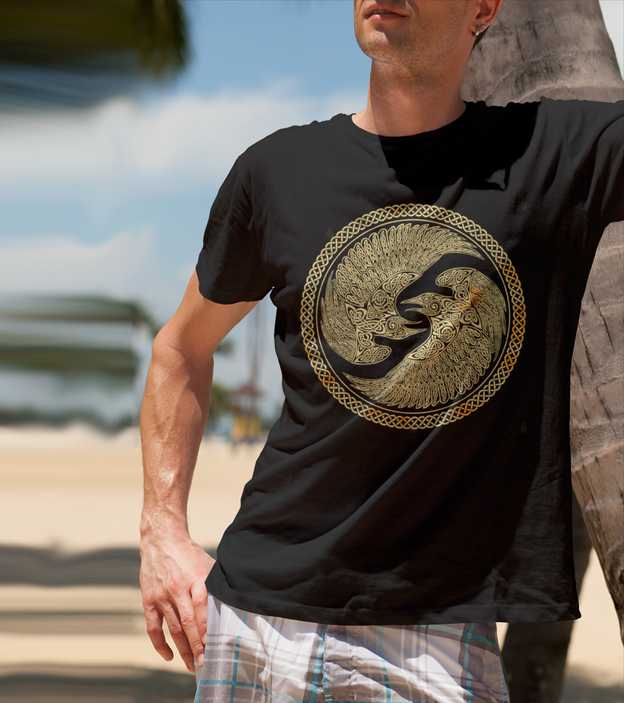 Hugin And Munin Celtic Knotwork Ravens In Intricate Circular T-Shirt