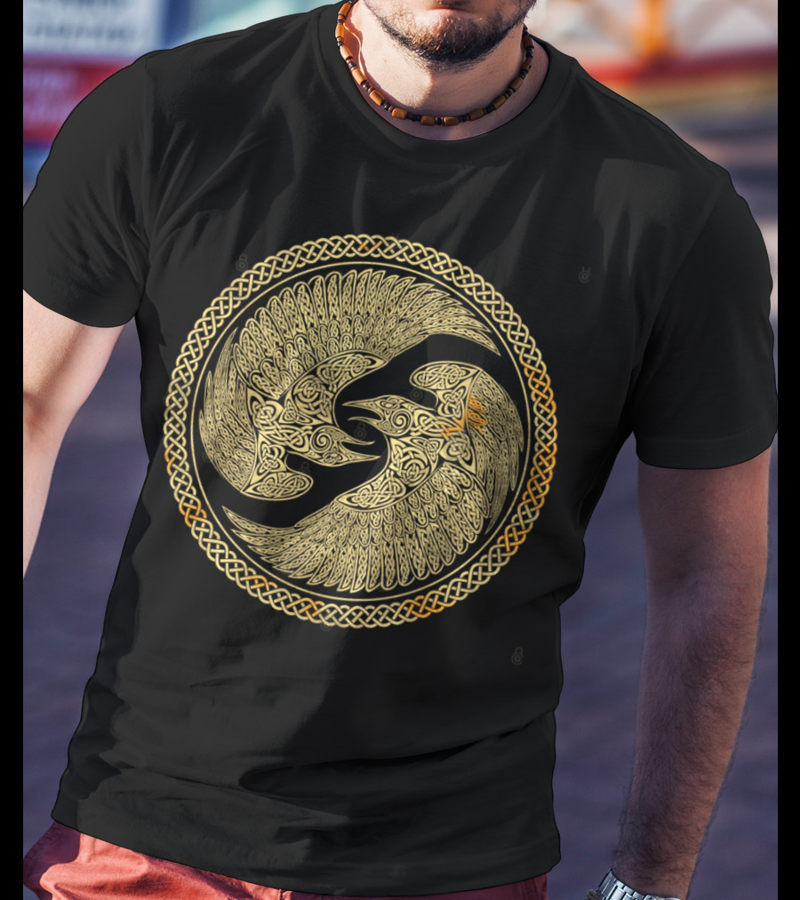 Hugin And Munin Celtic Knotwork Ravens In Intricate Circular T-Shirt