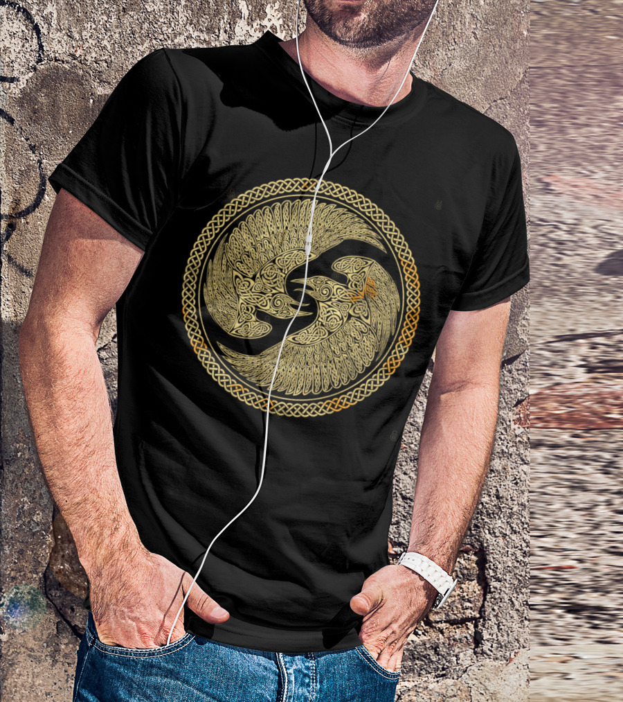 Hugin And Munin Celtic Knotwork Ravens In Intricate Circular T-Shirt