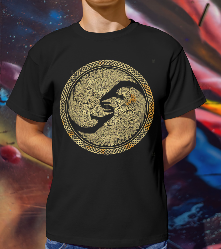 Hugin And Munin Celtic Knotwork Ravens In Intricate Circular T-Shirt