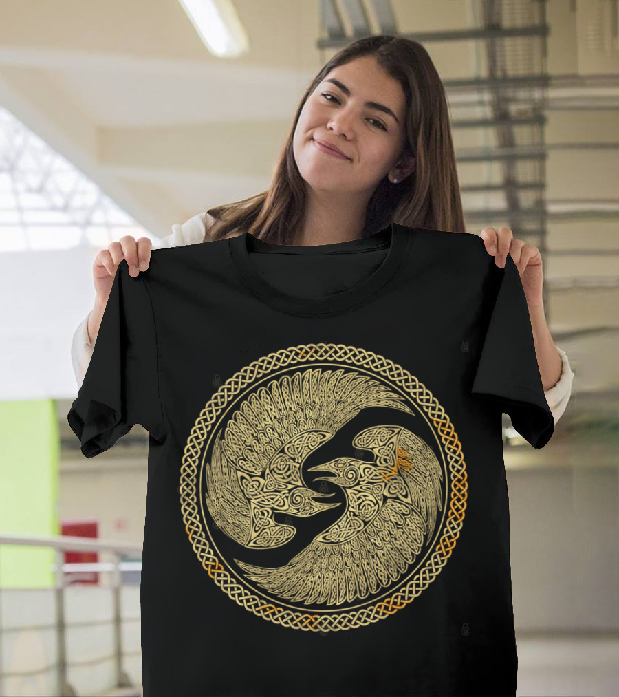 Hugin And Munin Celtic Knotwork Ravens In Intricate Circular T-Shirt