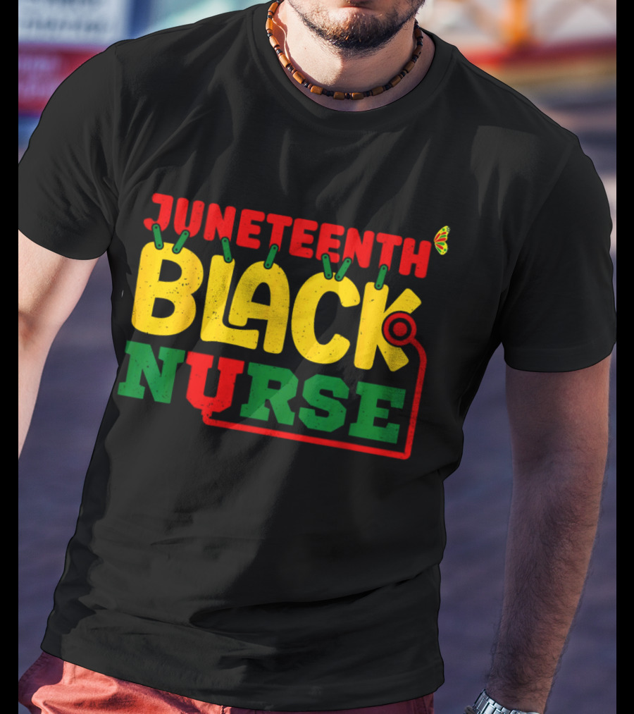 Juneteenth Black Nurse Red Yellow Green Butterfly Stethoscope T-Shirt