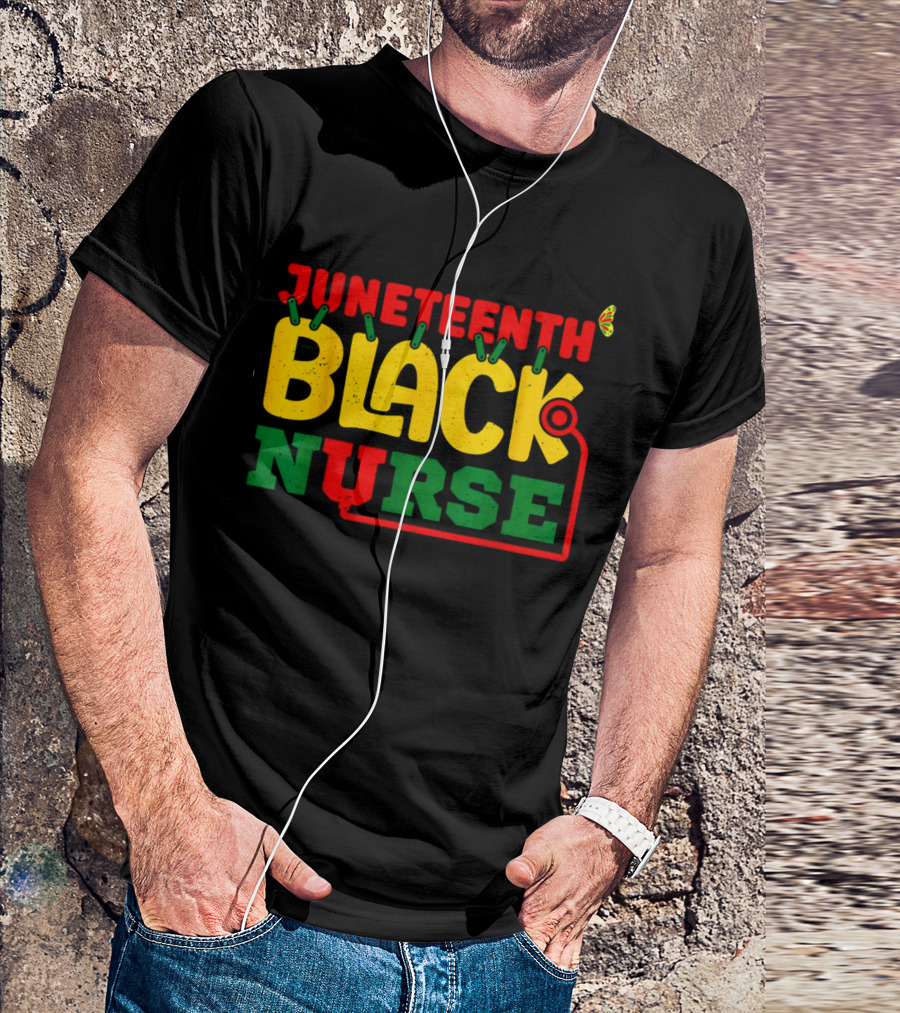 Juneteenth Black Nurse Red Yellow Green Butterfly Stethoscope T-Shirt