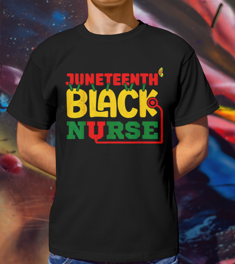 Juneteenth Black Nurse Red Yellow Green Butterfly Stethoscope T-Shirt
