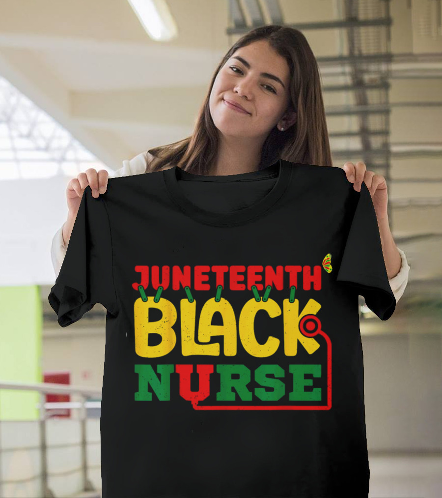 Juneteenth Black Nurse Red Yellow Green Butterfly Stethoscope T-Shirt