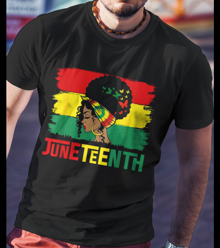 Juneteenth Remembering My Ancestors Celebrate Black Freedom Afro Woman Rasta Colors Flags T-Shirt