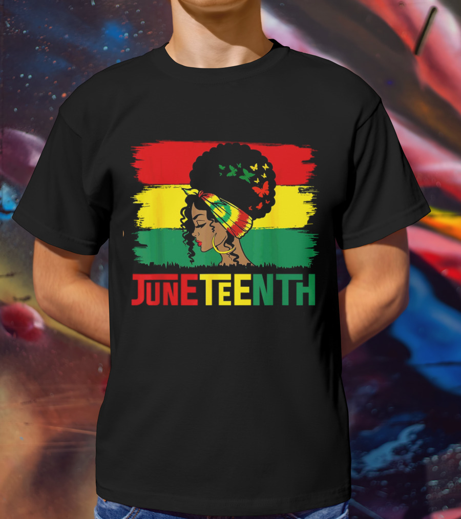 Juneteenth Remembering My Ancestors Celebrate Black Freedom Afro Woman Rasta Colors Flags T-Shirt