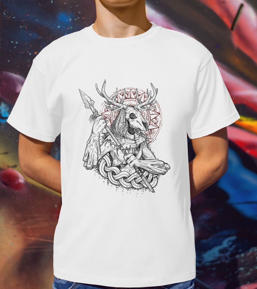 Leshy Forest Guardian Mythical Antlered Protector With Spear And Celtic Knot Motif T-Shirt