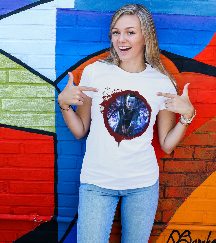 Myers Attack Blood Splatter Horror Mask Iconic Blue Woods Scene T-Shirt