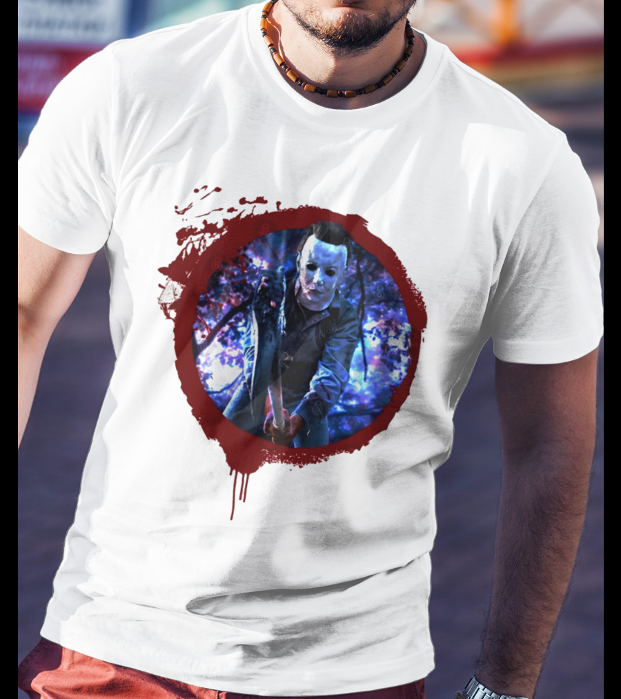 Myers Attack Blood Splatter Horror Mask Iconic Blue Woods Scene T-Shirt