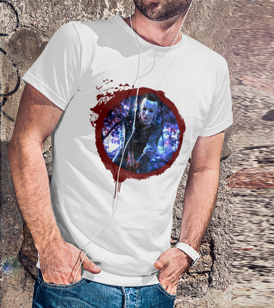 Myers Attack Blood Splatter Horror Mask Iconic Blue Woods Scene T-Shirt