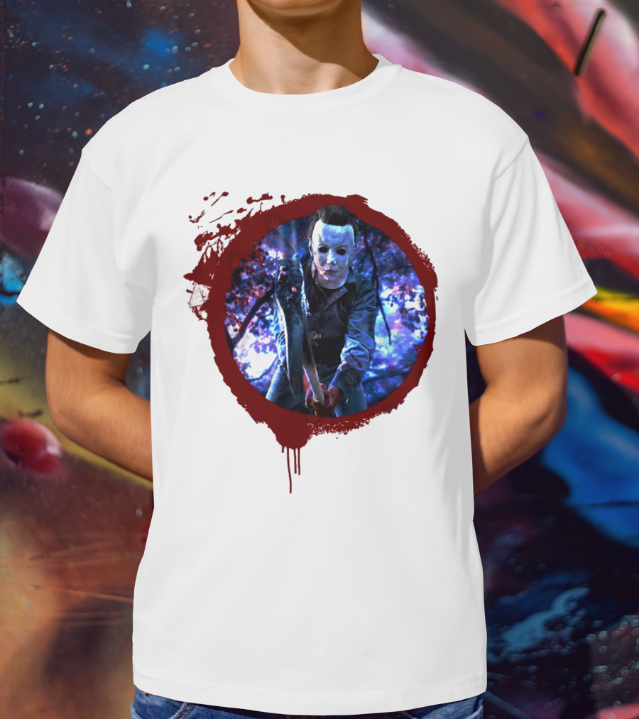 Myers Attack Blood Splatter Horror Mask Iconic Blue Woods Scene T-Shirt