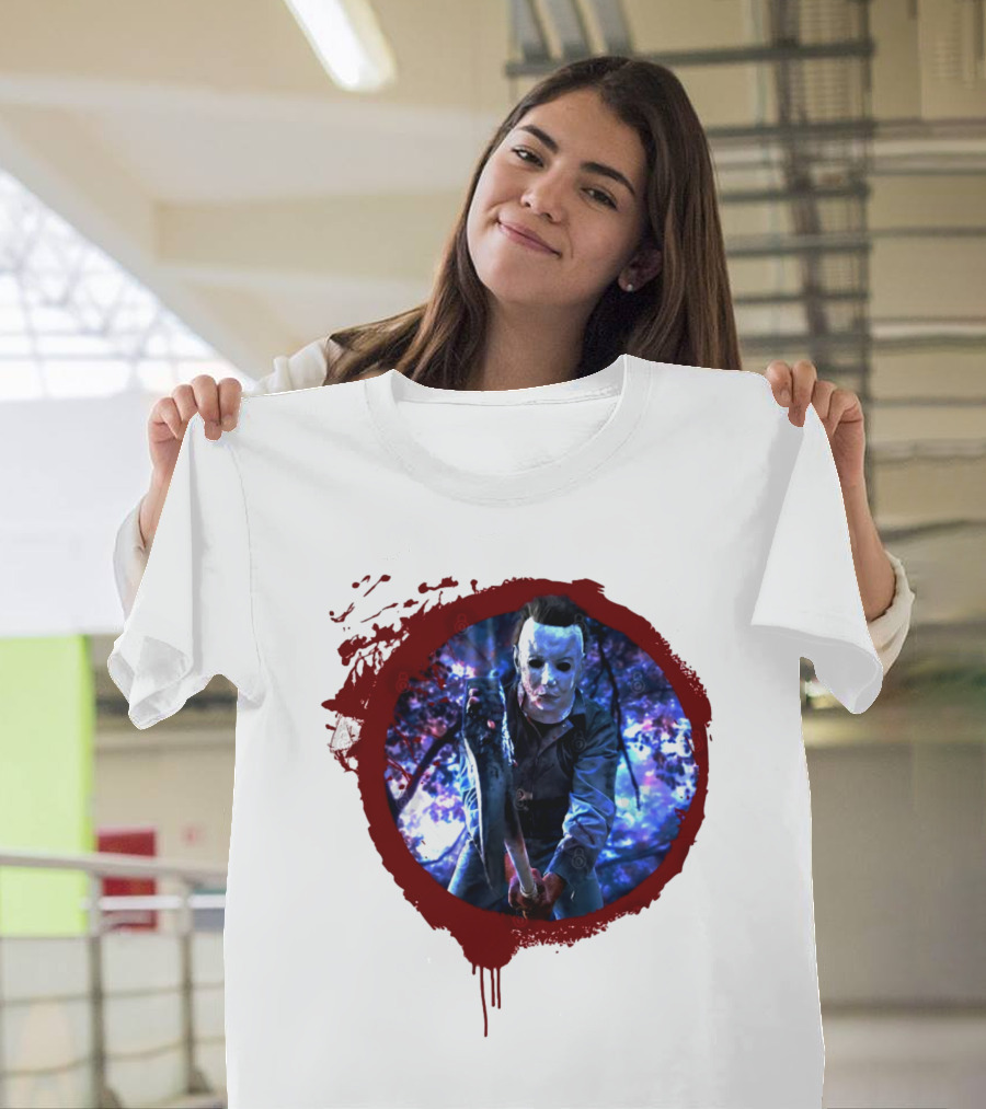 Myers Attack Blood Splatter Horror Mask Iconic Blue Woods Scene T-Shirt