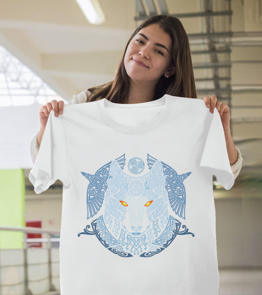 Raven Wolf Celtic Knotwork Design With Triquetra And Spiral Motif T-Shirt