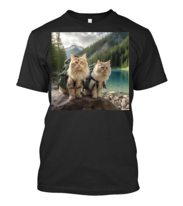 Two American Longhair Cats Are Mountaineering With Backpacks In Scenic Mountain Forest Near Lake T-Shirt