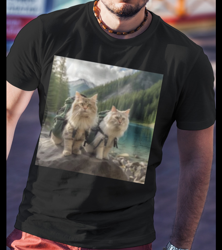 Two American Longhair Cats Are Mountaineering With Backpacks In Scenic Mountain Forest Near Lake T-Shirt
