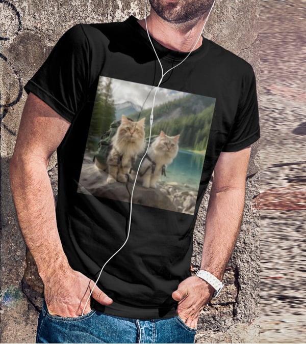 Two American Longhair Cats Are Mountaineering With Backpacks In Scenic Mountain Forest Near Lake T-Shirt