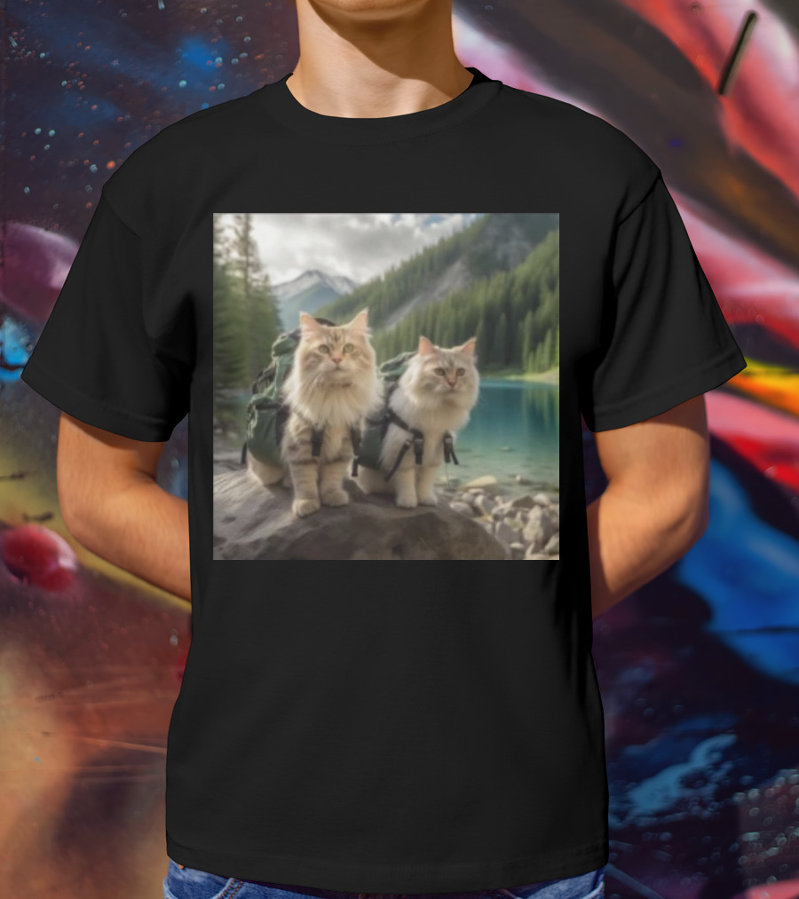 Two American Longhair Cats Are Mountaineering With Backpacks In Scenic Mountain Forest Near Lake T-Shirt