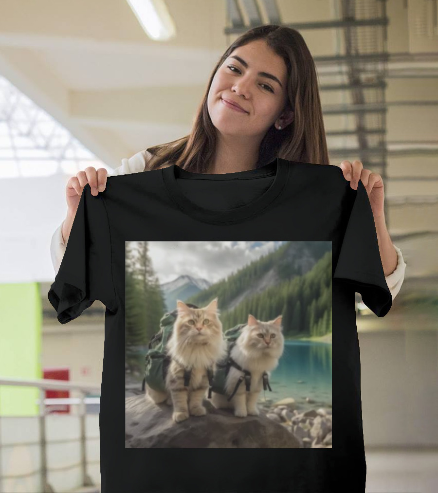 Two American Longhair Cats Are Mountaineering With Backpacks In Scenic Mountain Forest Near Lake T-Shirt