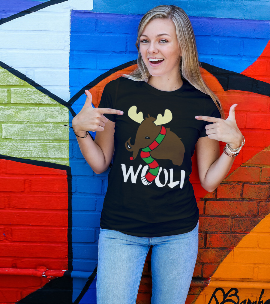 Wooli Mammoth Wearing Red And Green Scarf With Antlers T-Shirt
