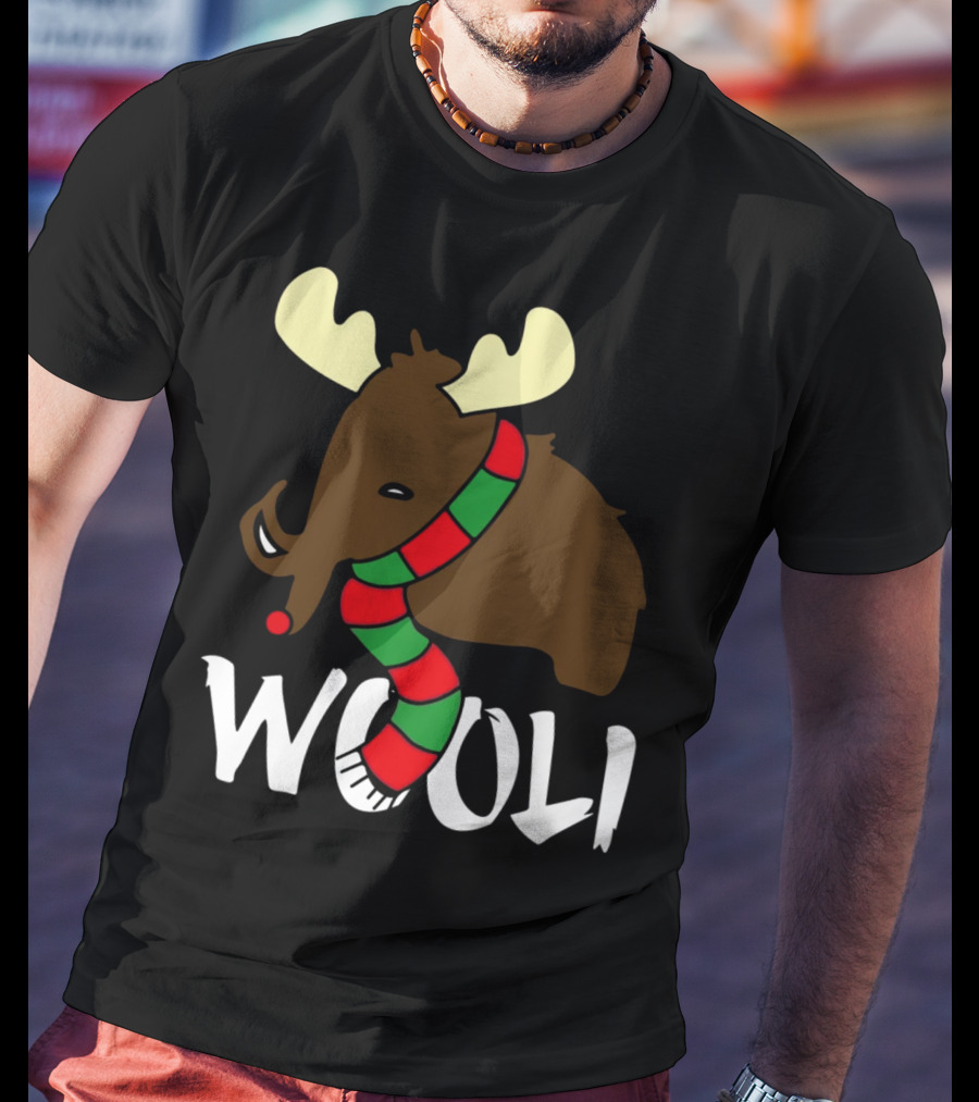 Wooli Mammoth Wearing Red And Green Scarf With Antlers T-Shirt