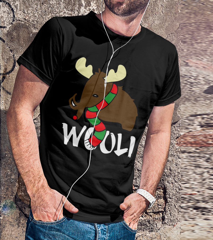 Wooli Mammoth Wearing Red And Green Scarf With Antlers T-Shirt