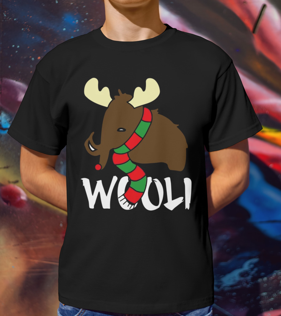 Wooli Mammoth Wearing Red And Green Scarf With Antlers T-Shirt