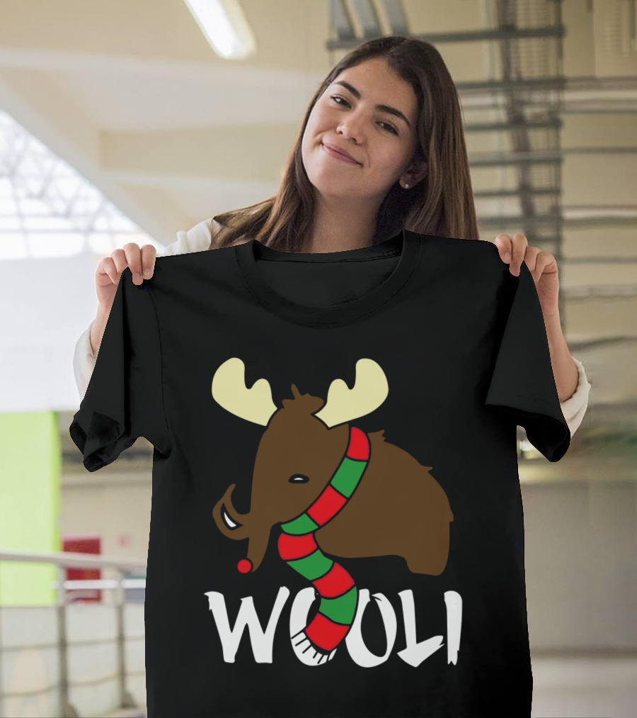 Wooli Mammoth Wearing Red And Green Scarf With Antlers T-Shirt