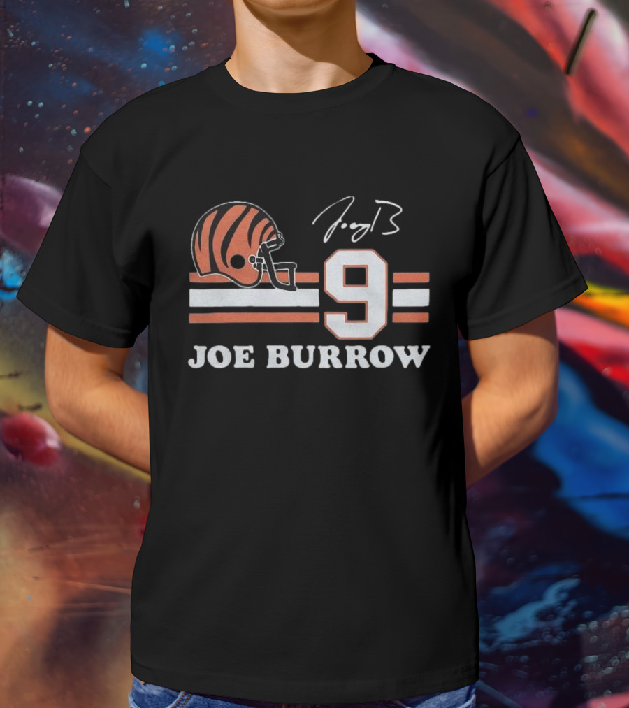 Cincinnati Bengals Joe Burrow Number 9 Helmet Signature T-Shirt