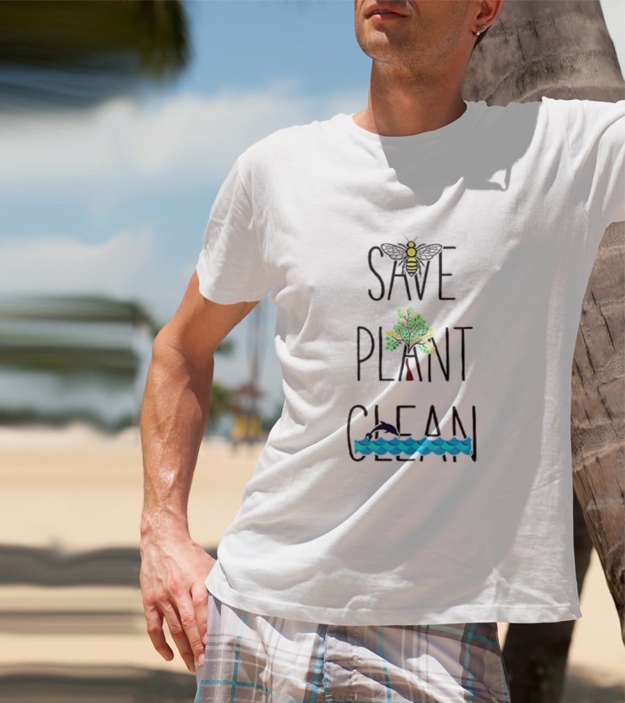 Save The Bees Plant The Trees Clean The Sea Bee Tree Dolphin Waves T-Shirt