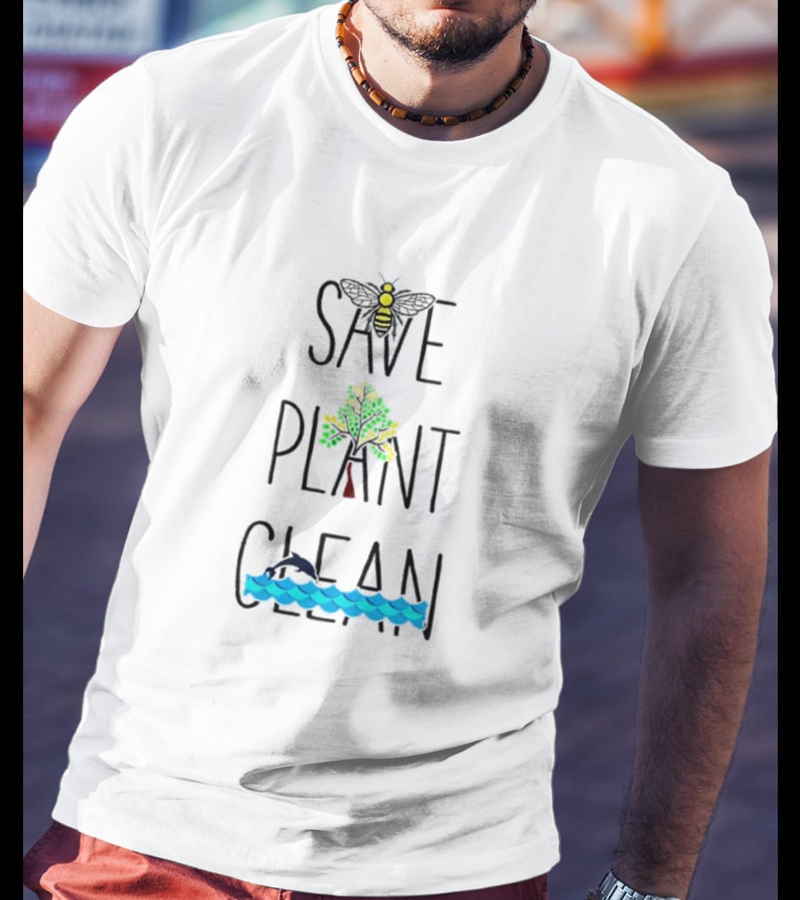 Save The Bees Plant The Trees Clean The Sea Bee Tree Dolphin Waves T-Shirt