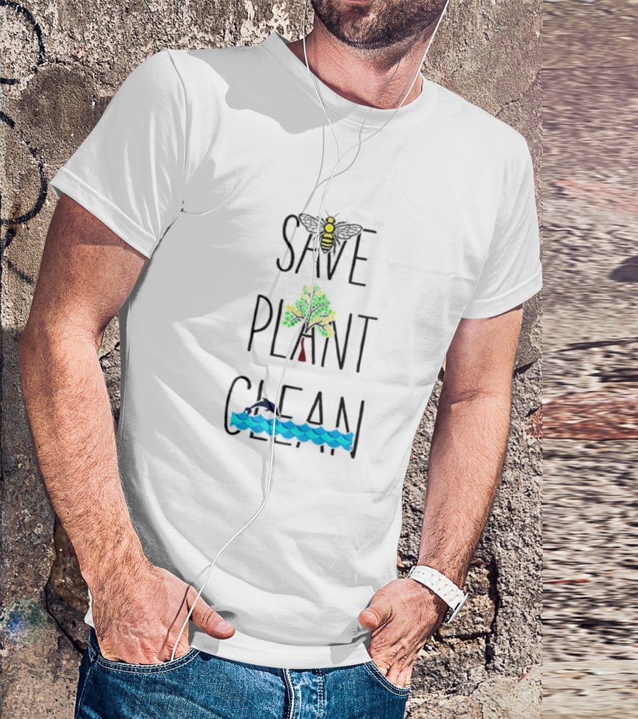 Save The Bees Plant The Trees Clean The Sea Bee Tree Dolphin Waves T-Shirt