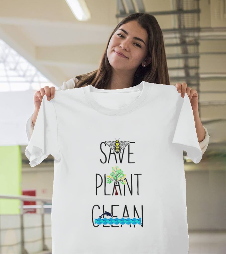 Save The Bees Plant The Trees Clean The Sea Bee Tree Dolphin Waves T-Shirt