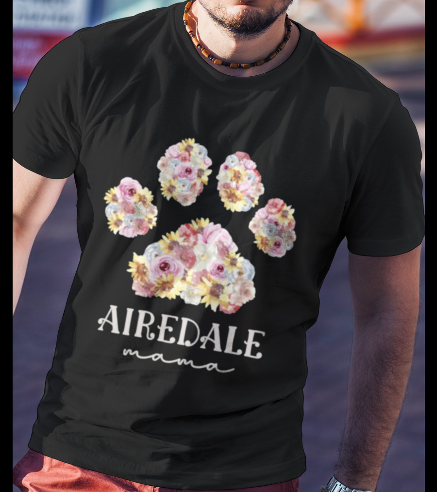 Airedale Mama Floral Paw Dog Mom T-Shirt