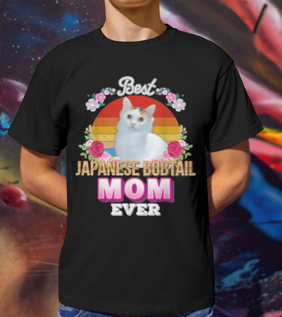 Best Japanese Bobtail Mom Ever Rainbow Floral Cat T-Shirt