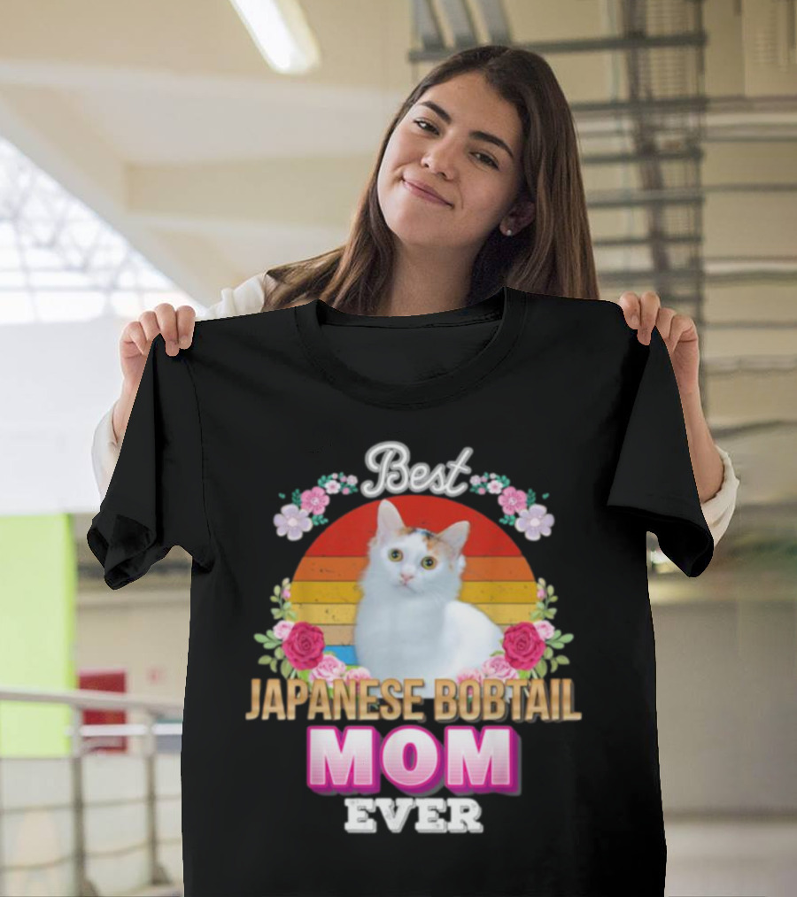 Best Japanese Bobtail Mom Ever Rainbow Floral Cat T-Shirt