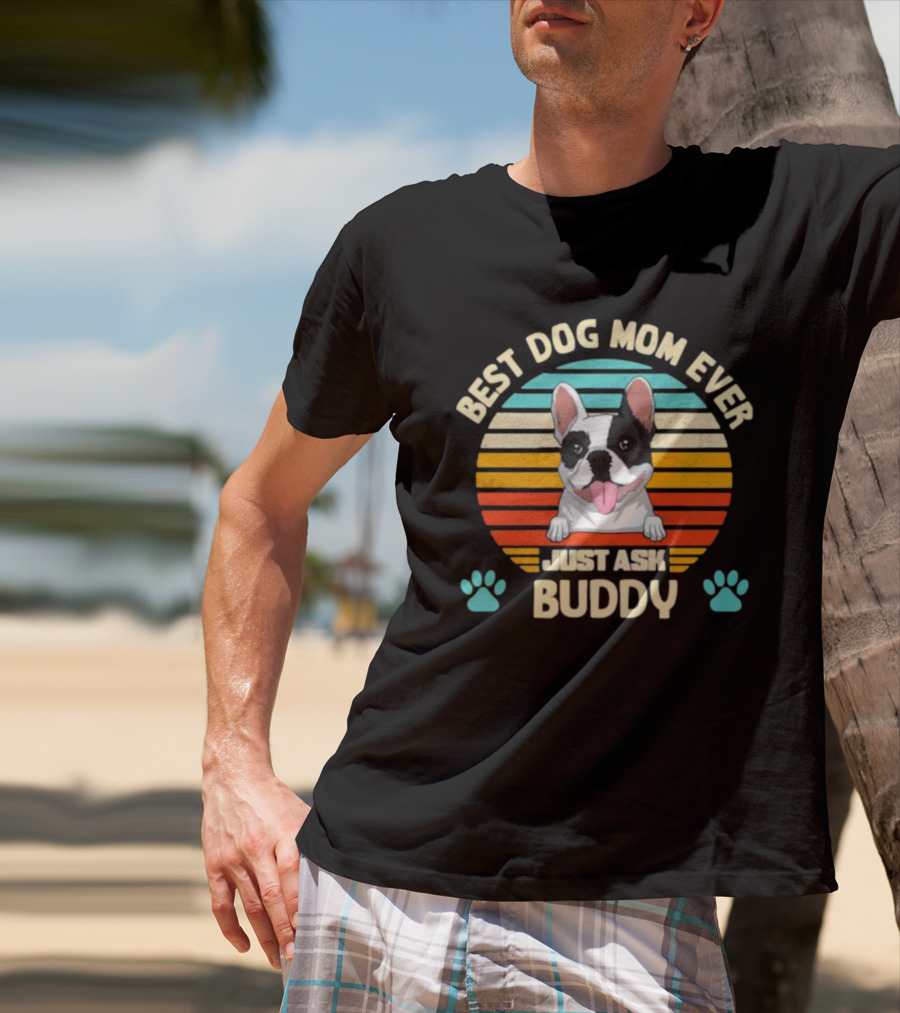 Best Dog Mom Ever Just Ask Buddy Vintage French Bulldog With Stripes T-Shirt